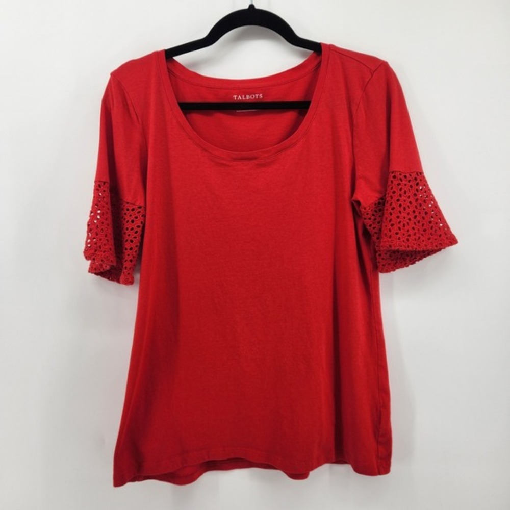 Talbots‎ Red Knit Top Medium Short Sleeve Eyelet Bell Cuff Casual Tee